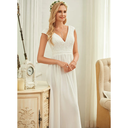 Elegant A-Line V-Neck Cap Sleeve Ethereal White Floor-Length Wedding Gown