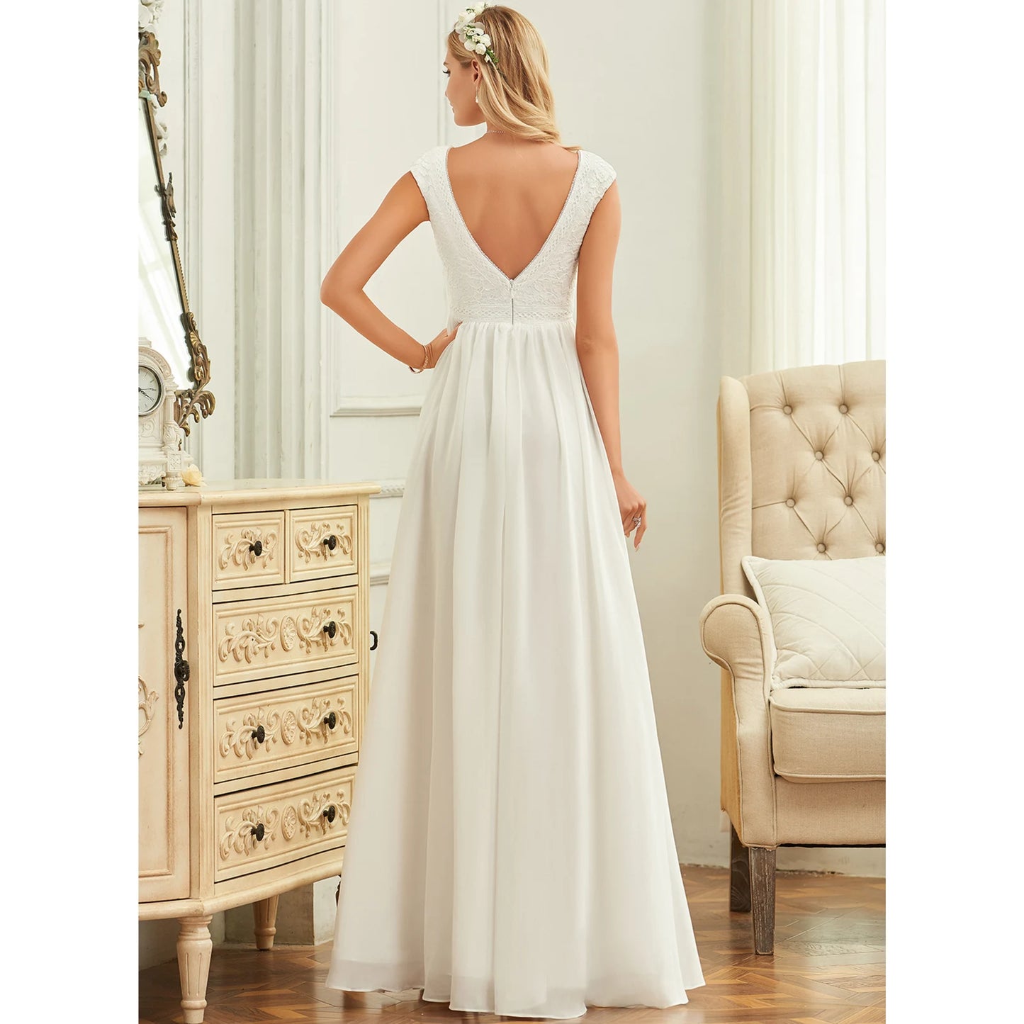 Elegant A-Line V-Neck Cap Sleeve Ethereal White Floor-Length Wedding Gown