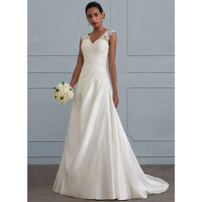 Elegant A-Line V-Neck Cap Sleeve Lace Ivory Floor-Length Wedding Gown