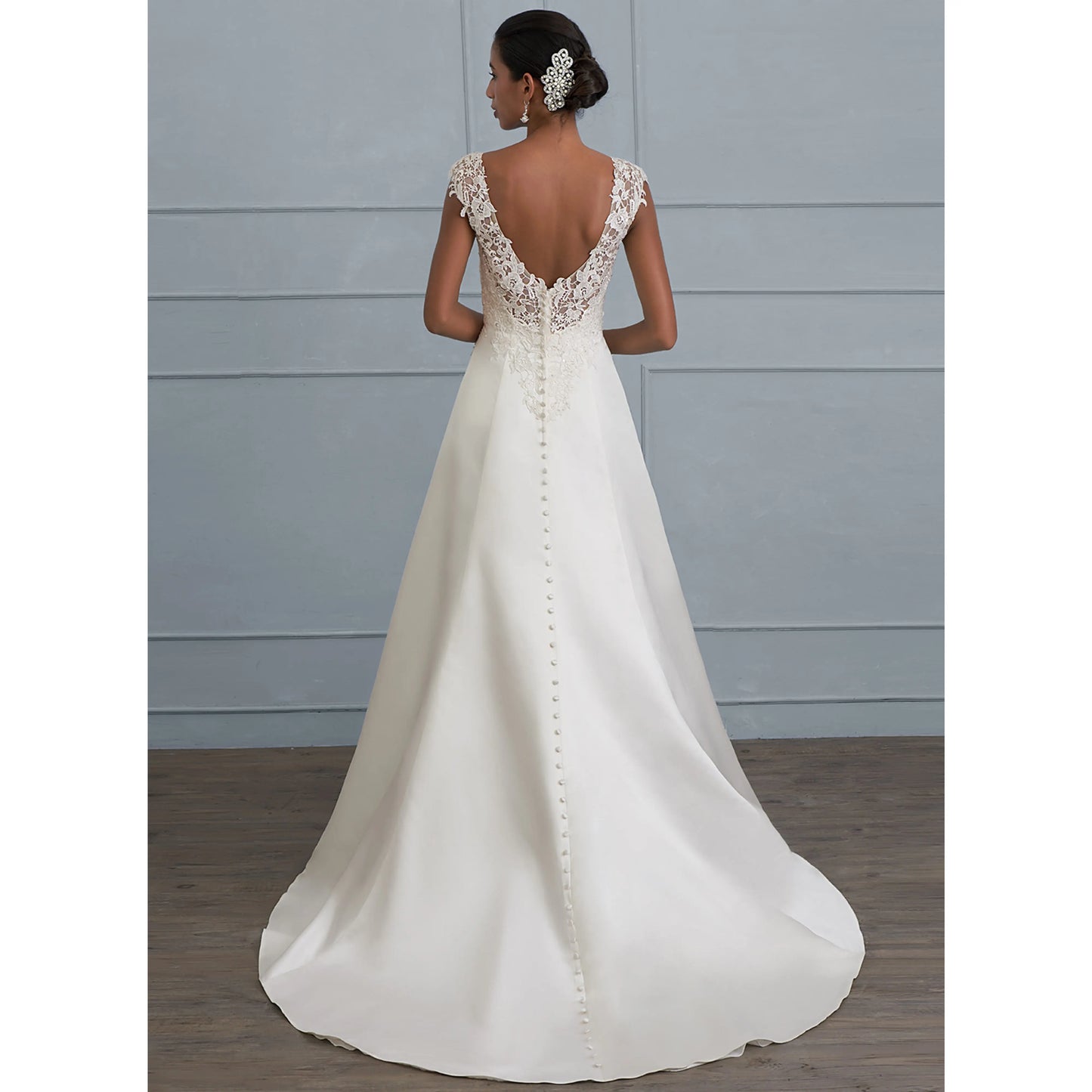 Elegant A-Line V-Neck Cap Sleeve Lace Ivory Floor-Length Wedding Gown