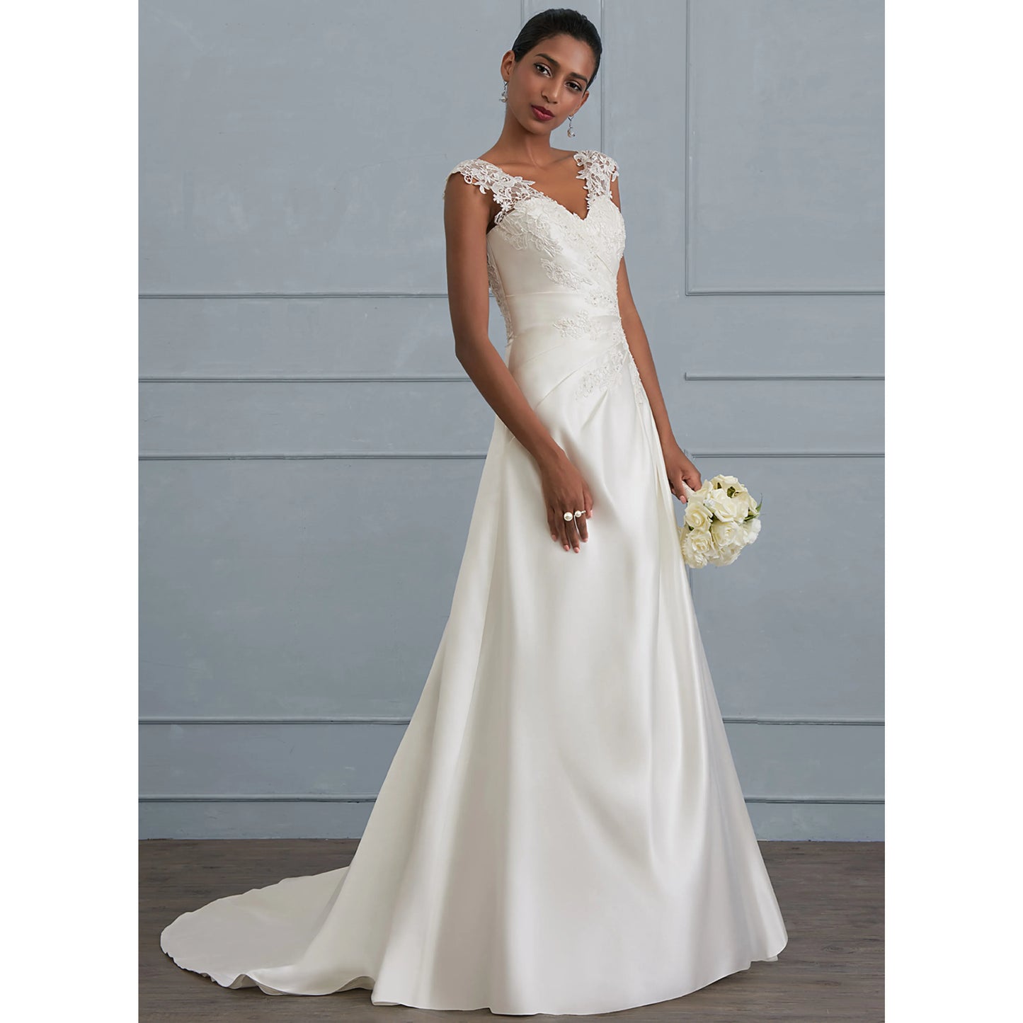 Elegant A-Line V-Neck Cap Sleeve Lace Ivory Floor-Length Wedding Gown