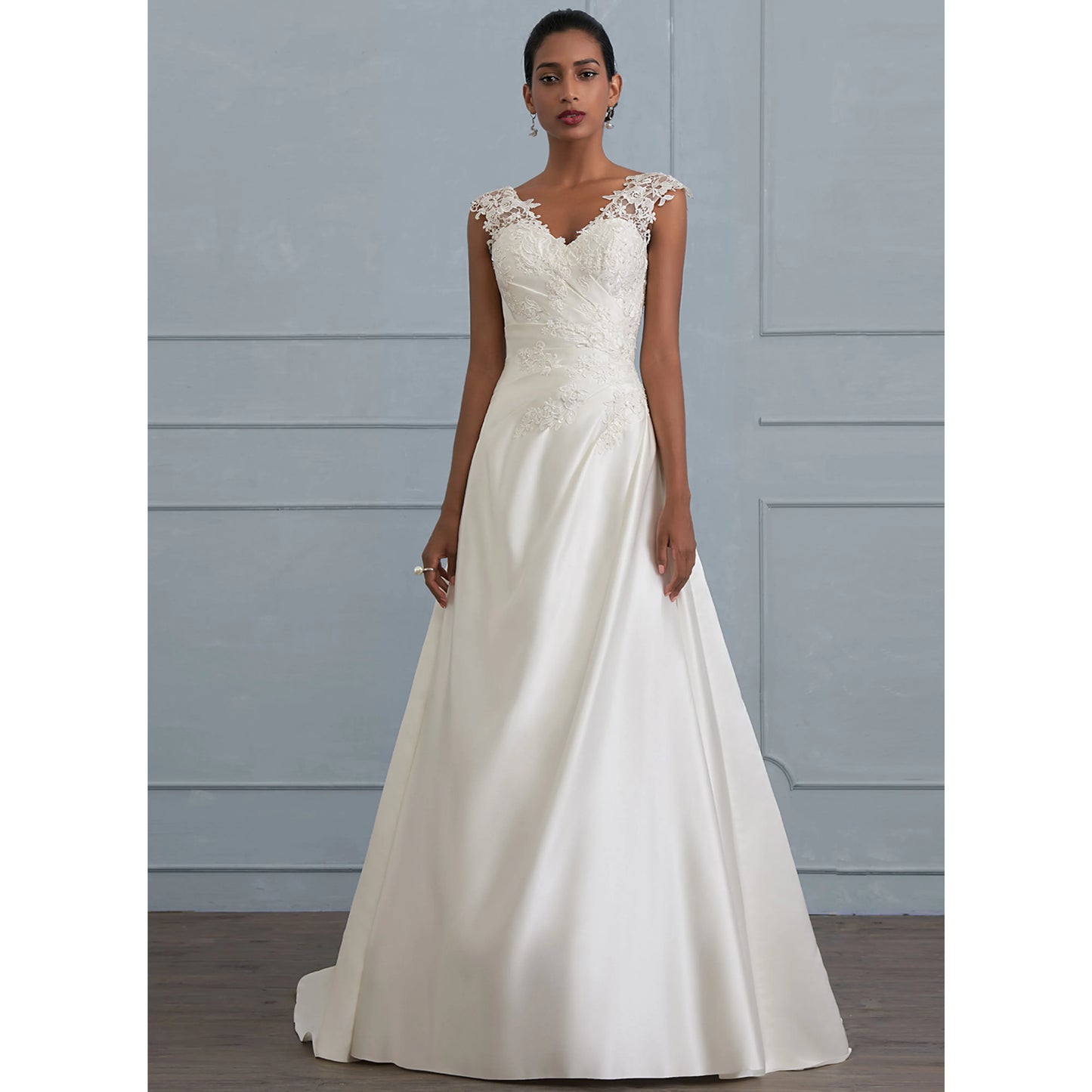Elegant A-Line V-Neck Cap Sleeve Lace Ivory Floor-Length Wedding Gown