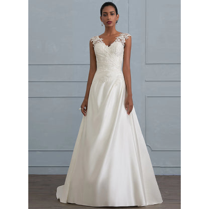 Elegant A-Line V-Neck Cap Sleeve Lace Ivory Floor-Length Wedding Gown