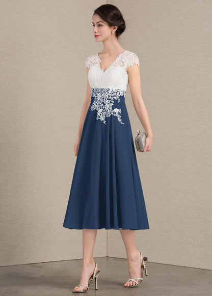 Elegant A-Line V-Neck Cap Sleeve Lace Navy Blue Midi Mother of the Bride Dress