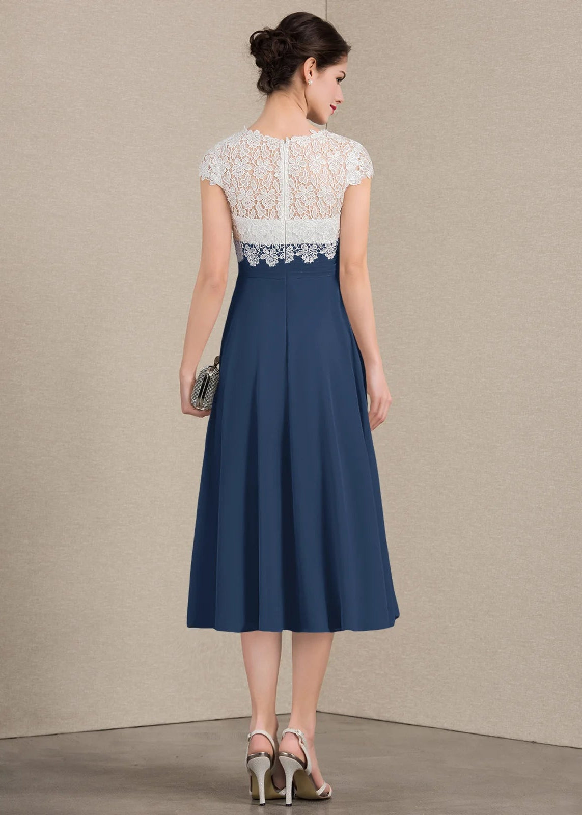Elegant A-Line V-Neck Cap Sleeve Lace Navy Blue Midi Mother of the Bride Dress