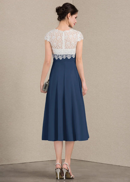 Elegant A-Line V-Neck Cap Sleeve Lace Navy Blue Midi Mother of the Bride Dress