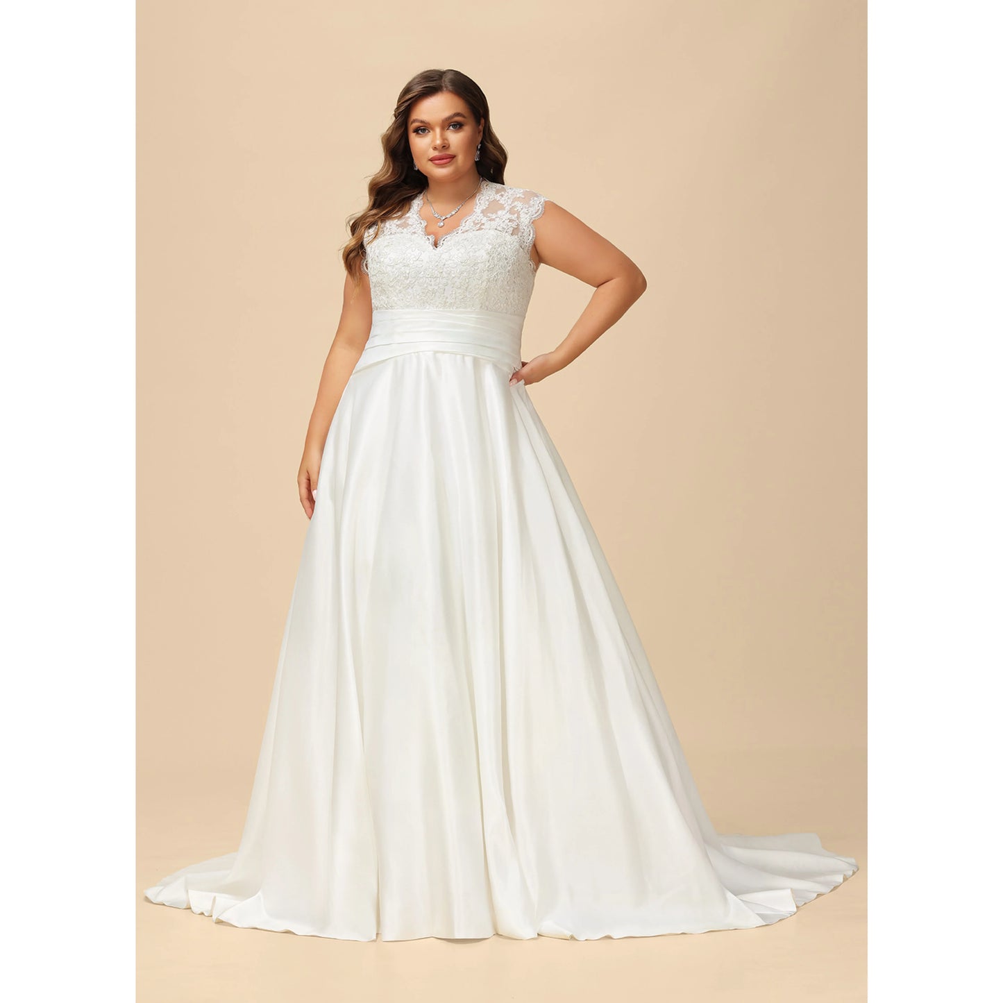 Elegant A-Line V-Neck Cap Sleeve Lace White Floor Wedding Dress Plus Size