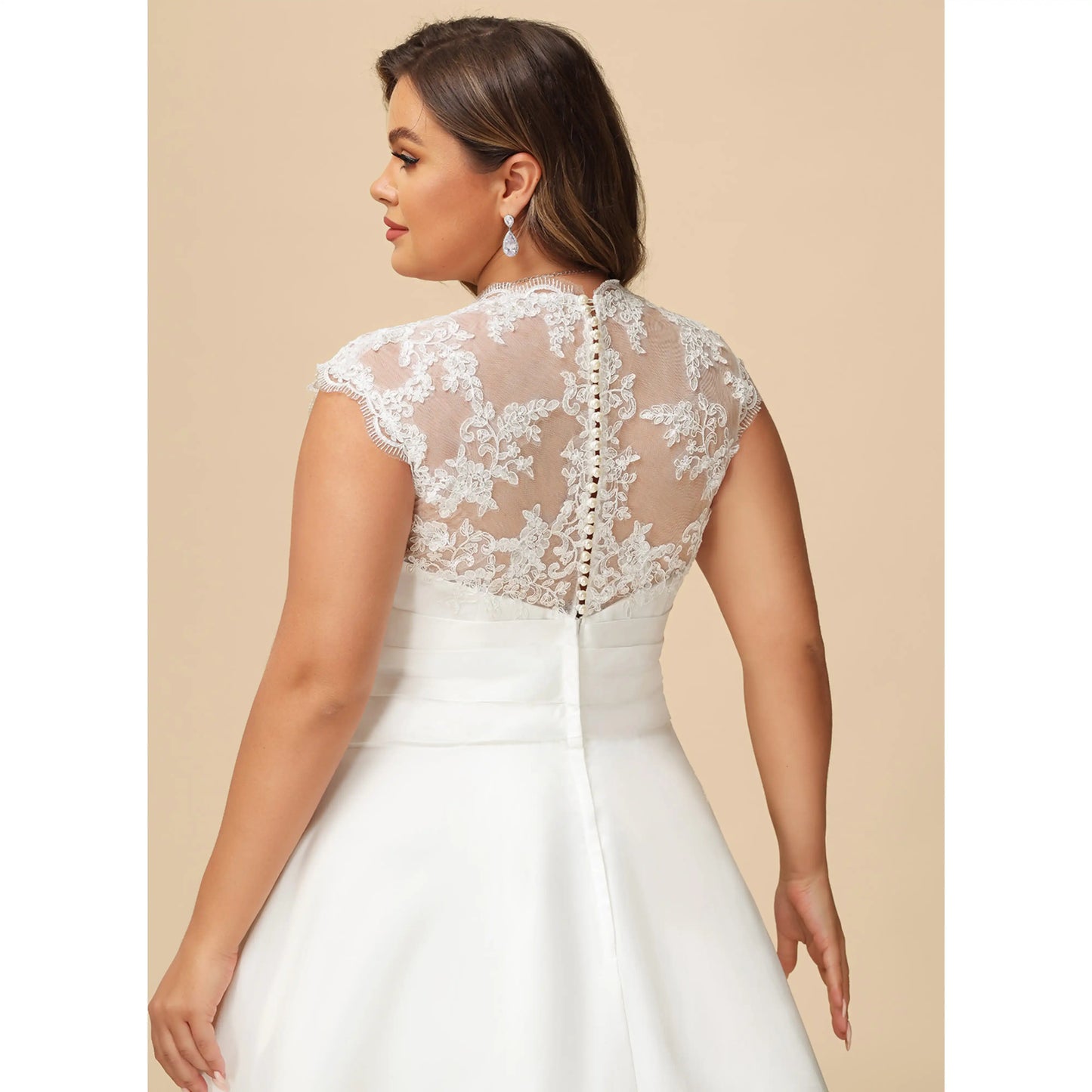 Elegant A-Line V-Neck Cap Sleeve Lace White Floor Wedding Dress Plus Size