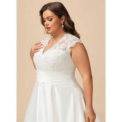 Elegant A-Line V-Neck Cap Sleeve Lace White Floor Wedding Dress Plus Size