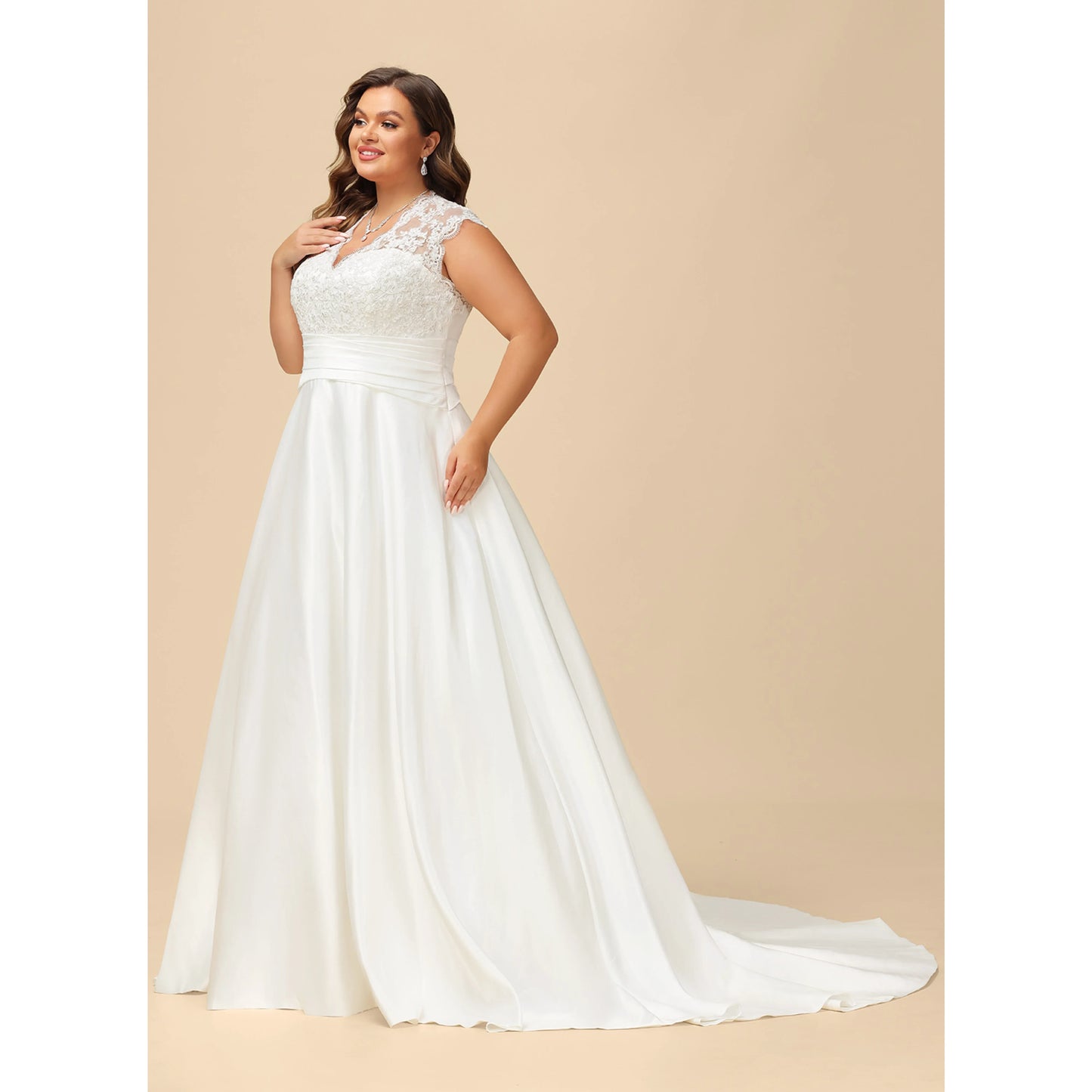 Elegant A-Line V-Neck Cap Sleeve Lace White Floor Wedding Dress Plus Size