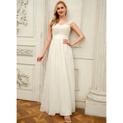 Elegant A-Line V-Neck Cap Sleeve Romantic White Floor-Length Wedding Dress Women