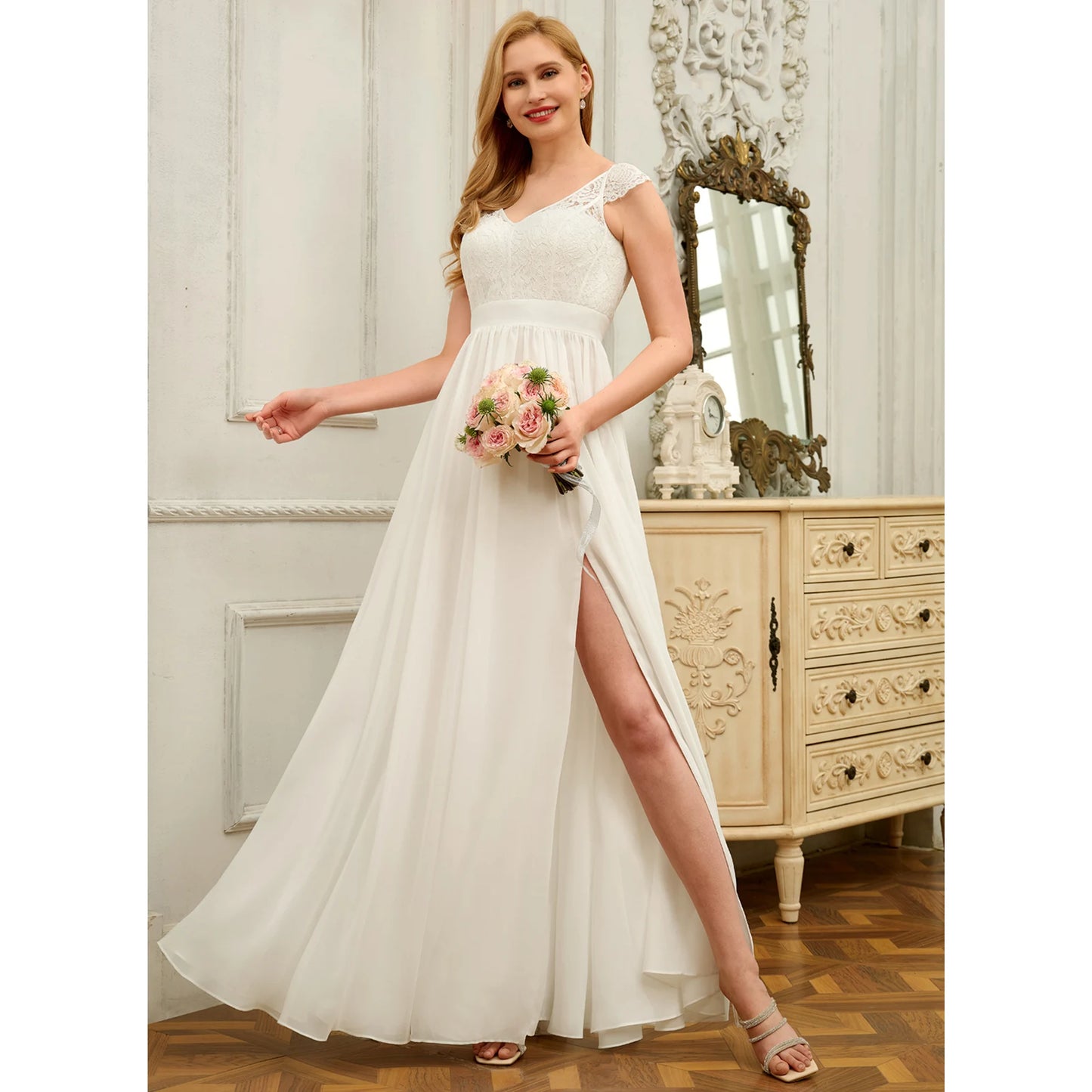Elegant A-Line V-Neck Cap Sleeve Romantic White Floor-Length Wedding Dress Women