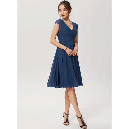 Elegant A-Line V-Neck Cap Sleeve Ruched Navy Knee-Length Homecoming Dress for Women