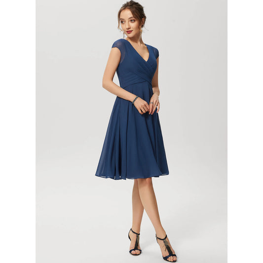 Elegant A-Line V-Neck Cap Sleeve Ruched Navy Knee-Length Homecoming Dress for Women