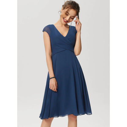 Elegant A-Line V-Neck Cap Sleeve Ruched Navy Knee-Length Homecoming Dress for Women
