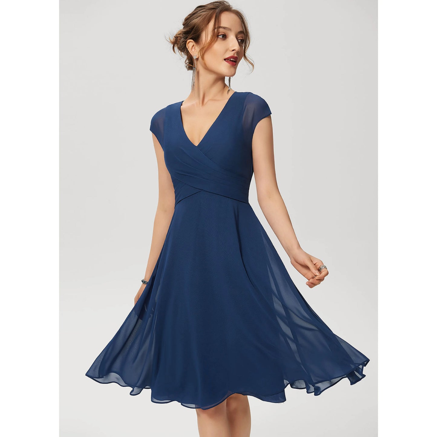 Elegant A-Line V-Neck Cap Sleeve Ruched Navy Knee-Length Homecoming Dress for Women