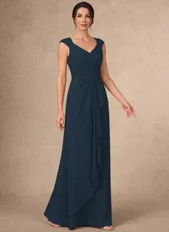 Elegant A-Line V-Neck Cap Sleeve Ruched Ruffled Dark Teal Floor-Length Gown