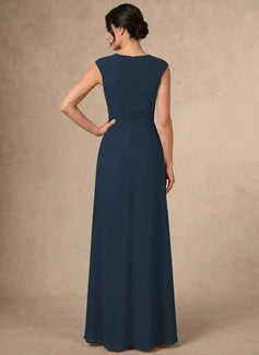 Elegant A-Line V-Neck Cap Sleeve Ruched Ruffled Dark Teal Floor-Length Gown