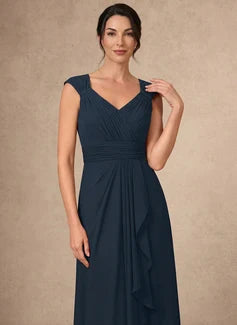 Elegant A-Line V-Neck Cap Sleeve Ruched Ruffled Dark Teal Floor-Length Gown