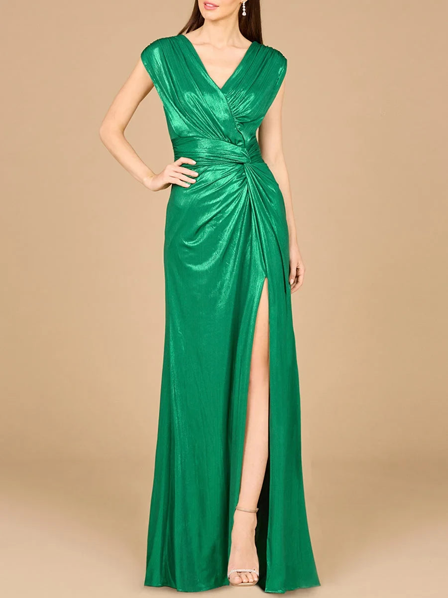 Elegant A-Line V-Neck Cap Sleeve Ruched Slit Emerald Green Mother of the Bride Gown