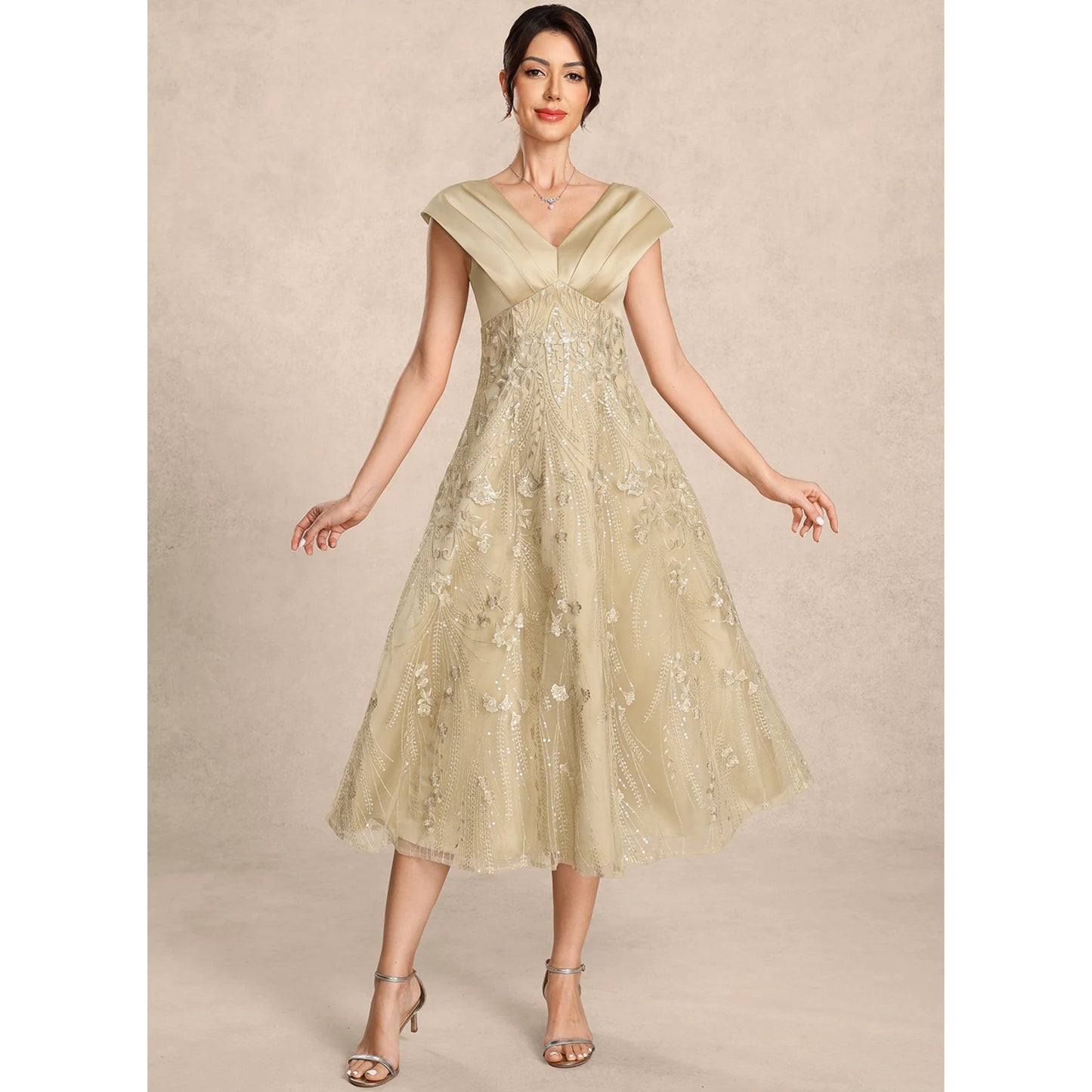 Elegant A-Line V-Neck Cap Sleeve Sequin Champagne Midi Mother of the Bride Gown