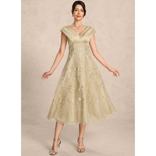 Elegant A-Line V-Neck Cap Sleeve Sequin Champagne Midi Mother of the Bride Gown