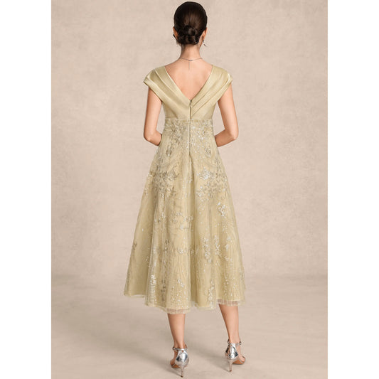 Elegant A-Line V-Neck Cap Sleeve Sequin Champagne Midi Mother of the Bride Gown
