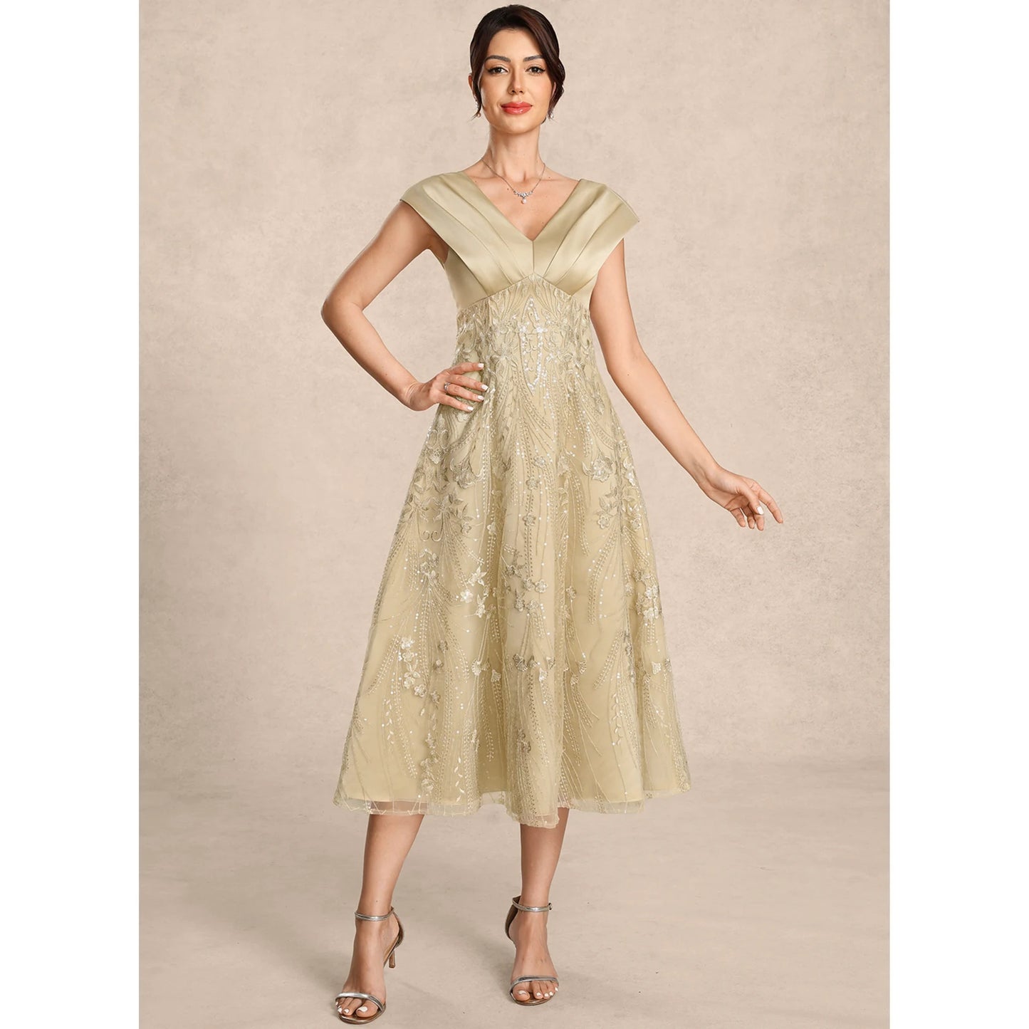 Elegant A-Line V-Neck Cap Sleeve Sequin Champagne Midi Mother of the Bride Gown