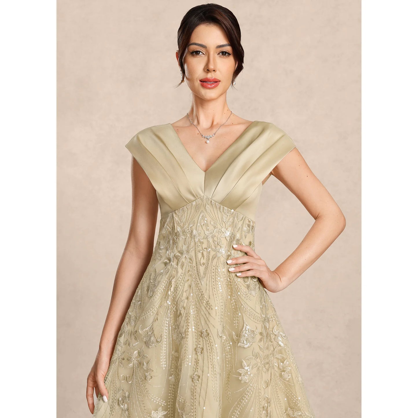 Elegant A-Line V-Neck Cap Sleeve Sequin Champagne Midi Mother of the Bride Gown