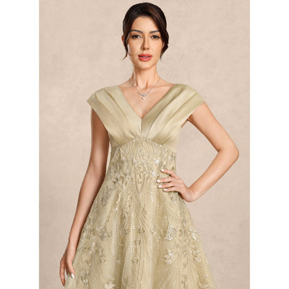 Elegant A-Line V-Neck Cap Sleeve Sequin Champagne Midi Mother of the Bride Gown