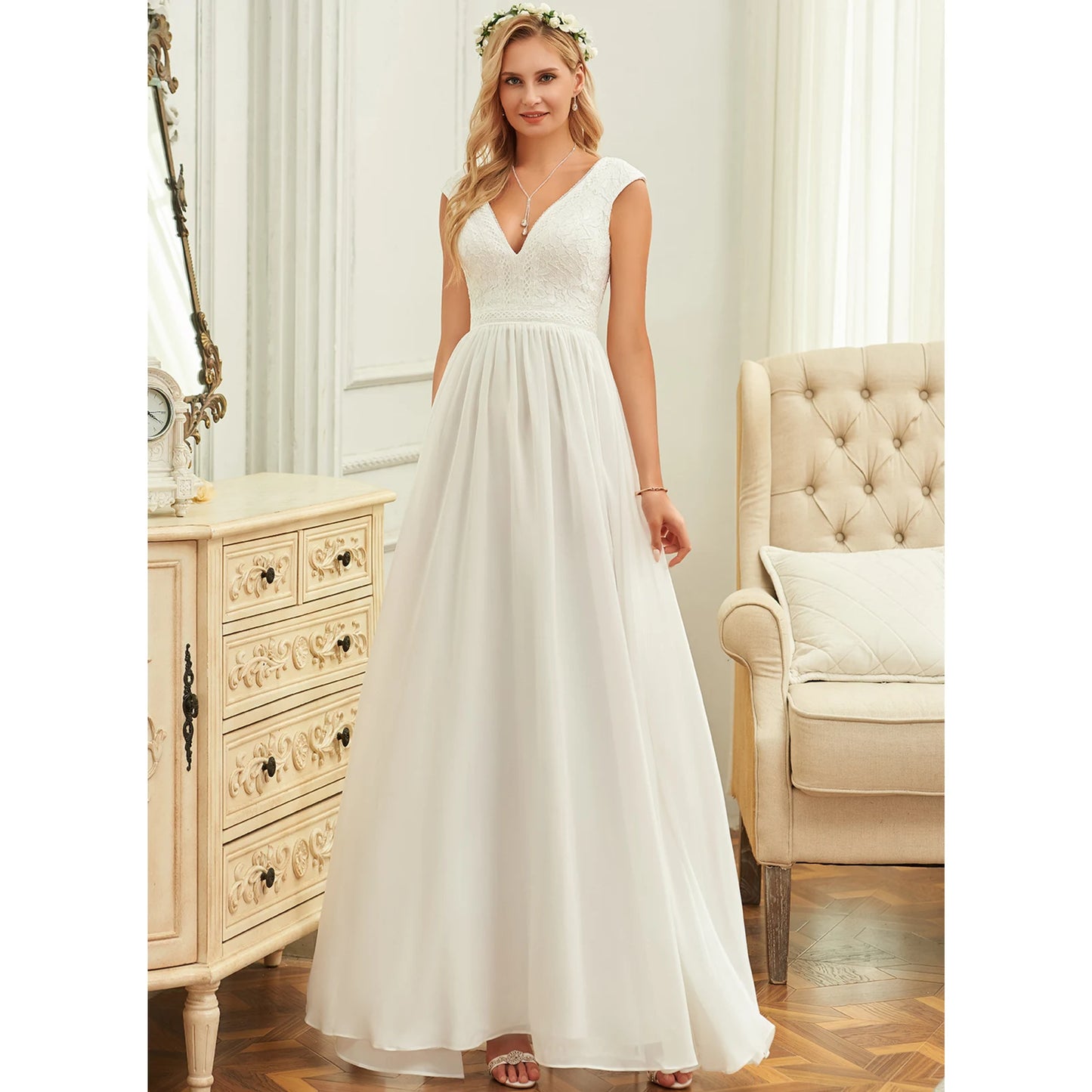 Elegant A-Line V-Neck Cap Sleeve White Floor-Length Wedding Dress For Brides
