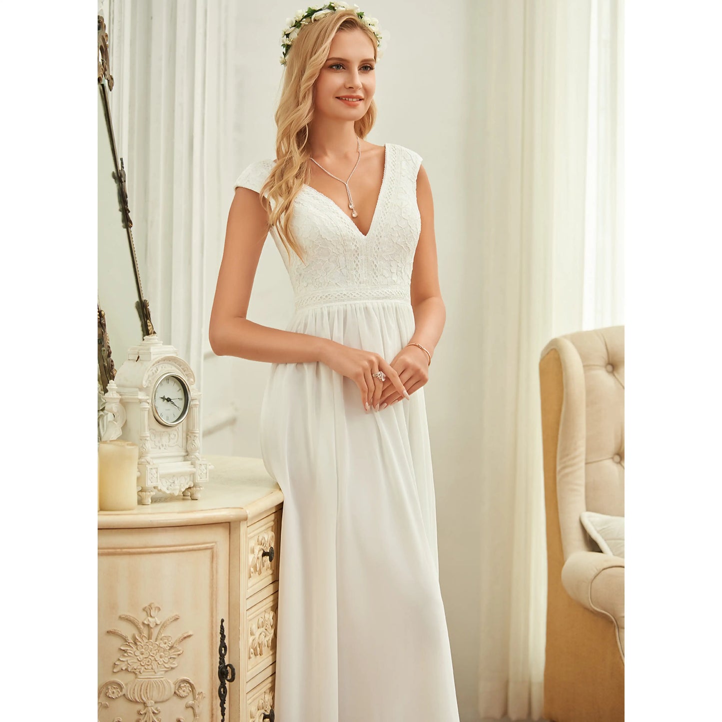 Elegant A-Line V-Neck Cap Sleeve White Floor-Length Wedding Dress For Brides