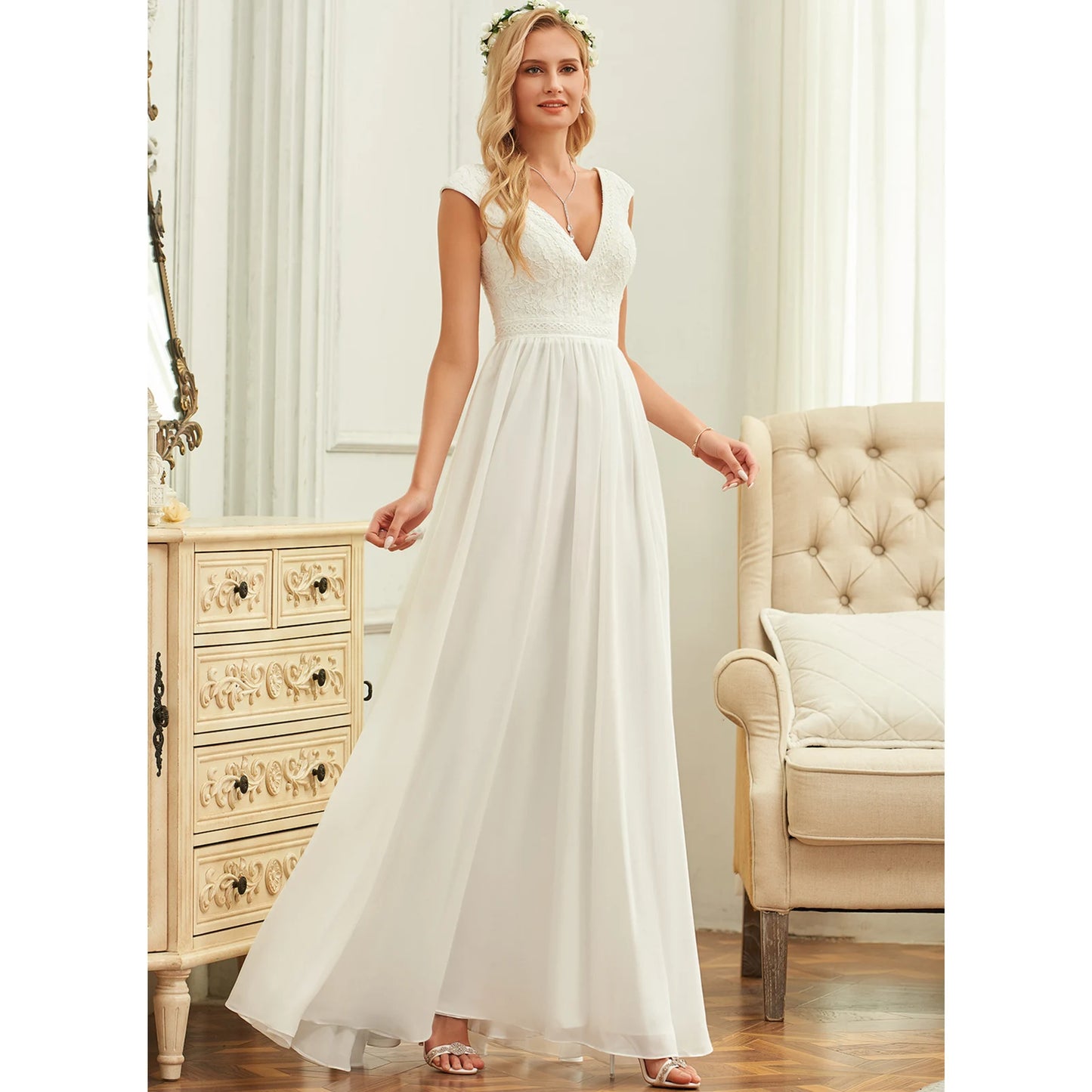 Elegant A-Line V-Neck Cap Sleeve White Floor-Length Wedding Dress For Brides