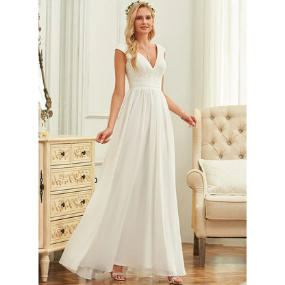 Elegant A-Line V-Neck Cap Sleeve White Floor-Length Wedding Dress For Brides