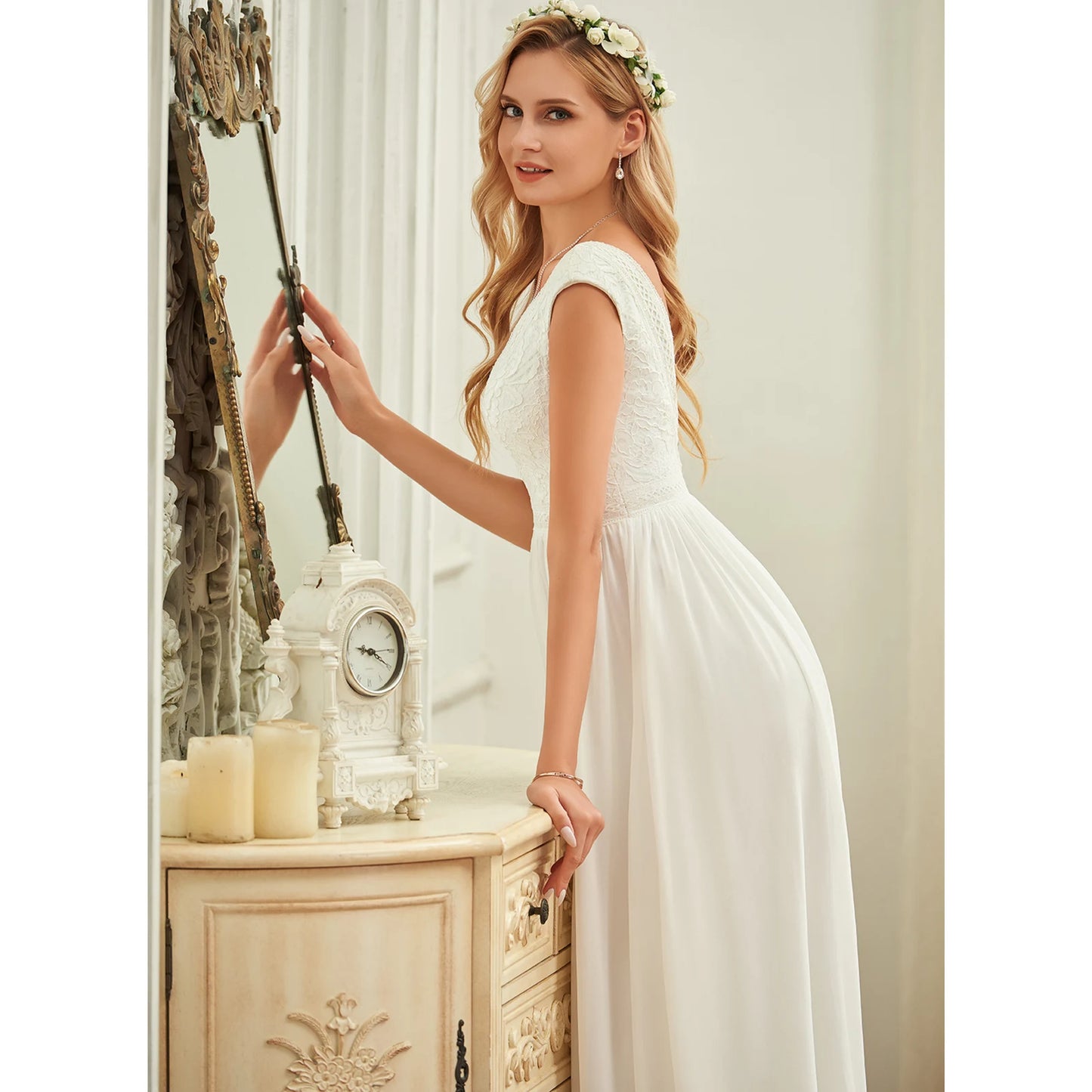 Elegant A-Line V-Neck Cap Sleeve White Floor-Length Wedding Dress For Brides