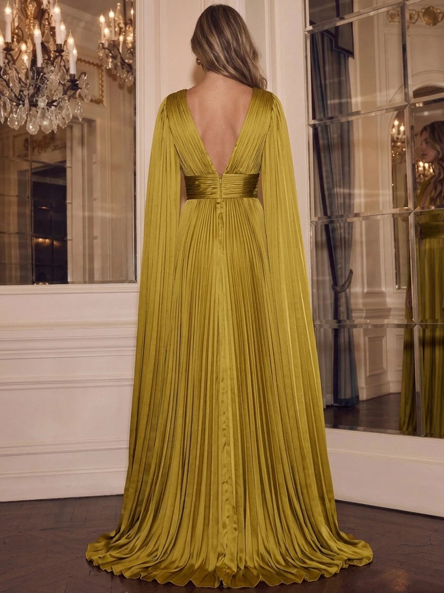 Elegant A-Line V-Neck Cape Pleated Backless Olive Maxi Prom Dresses Gown