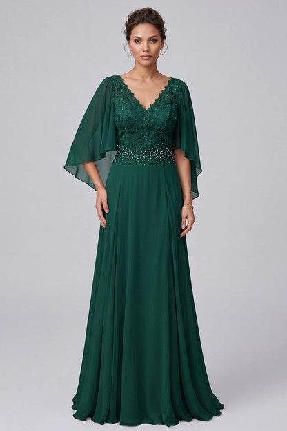 Elegant A-Line V-Neck Cape Sleeve Beaded Dark Green Floor-Length Prom Dresses