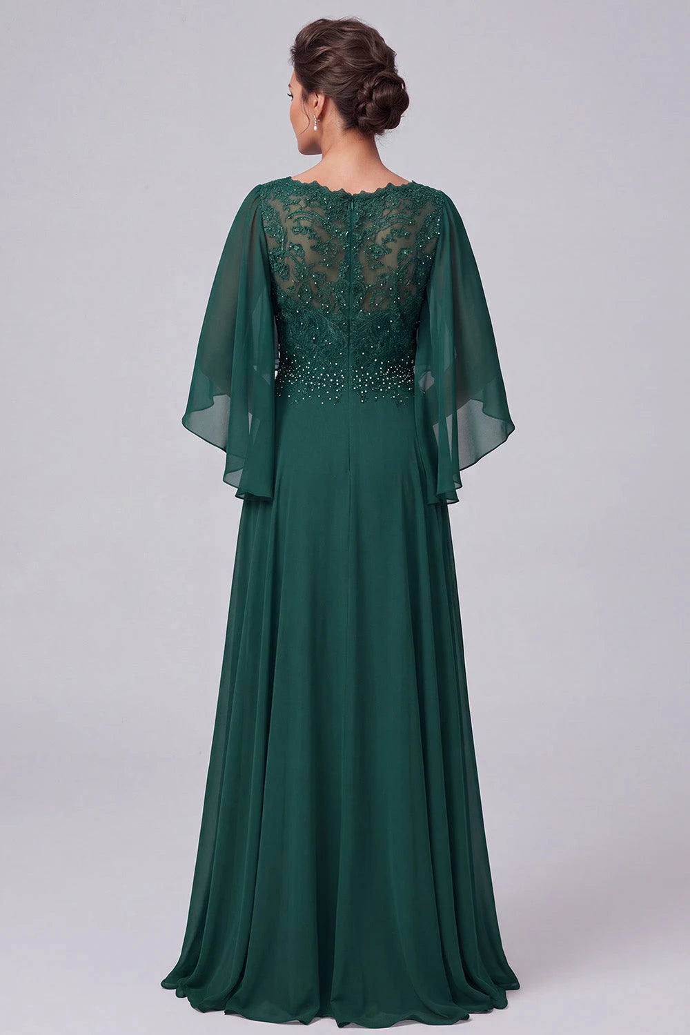Elegant A-Line V-Neck Cape Sleeve Beaded Dark Green Floor-Length Prom Dresses