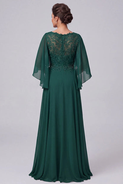 Elegant A-Line V-Neck Cape Sleeve Beaded Dark Green Floor-Length Prom Dresses