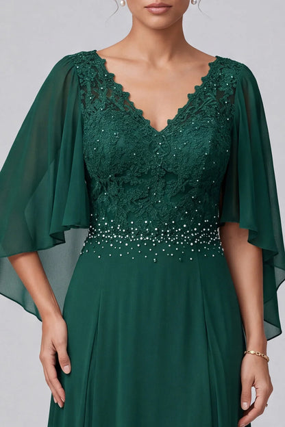Elegant A-Line V-Neck Cape Sleeve Beaded Dark Green Floor-Length Prom Dresses