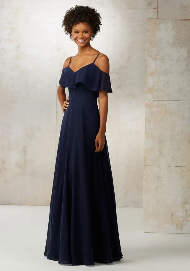 Elegant A-Line V-Neck Cold-Shoulder Ruffle Navy Floor-Length Bridesmaid Dress Women Gown
