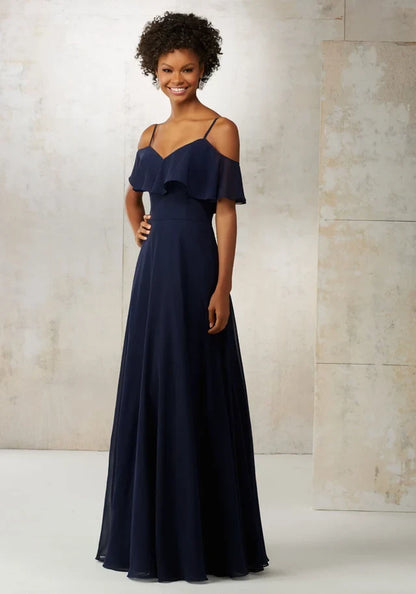 Elegant A-Line V-Neck Cold-Shoulder Ruffle Navy Floor-Length Bridesmaid Dress Women Gown