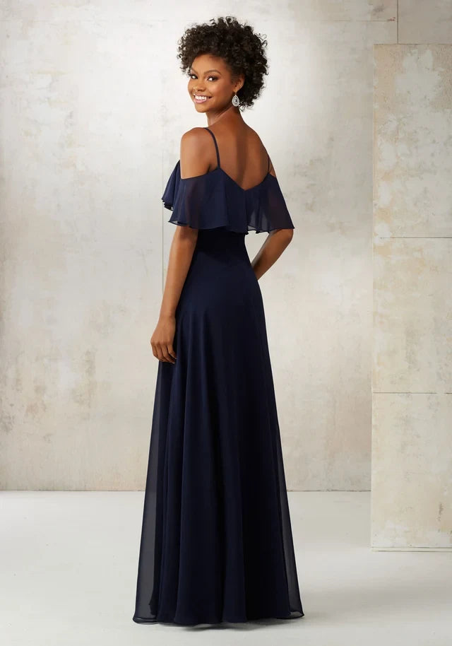 Elegant A-Line V-Neck Cold-Shoulder Ruffle Navy Floor-Length Bridesmaid Dress Women Gown