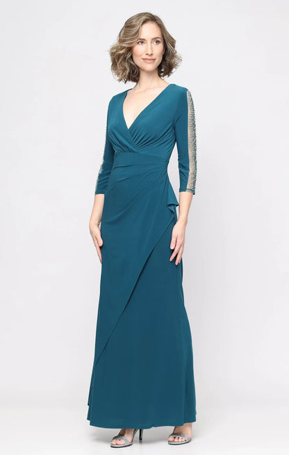 Elegant A-Line V-Neck Draped Beaded Teal Floor Length Mother of the Bride Gown