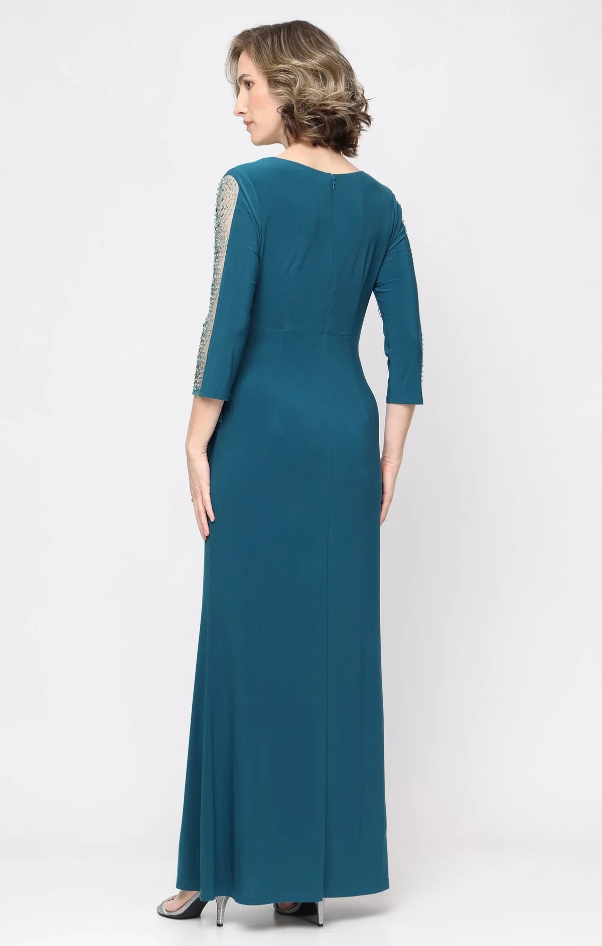 Elegant A-Line V-Neck Draped Beaded Teal Floor Length Mother of the Bride Gown
