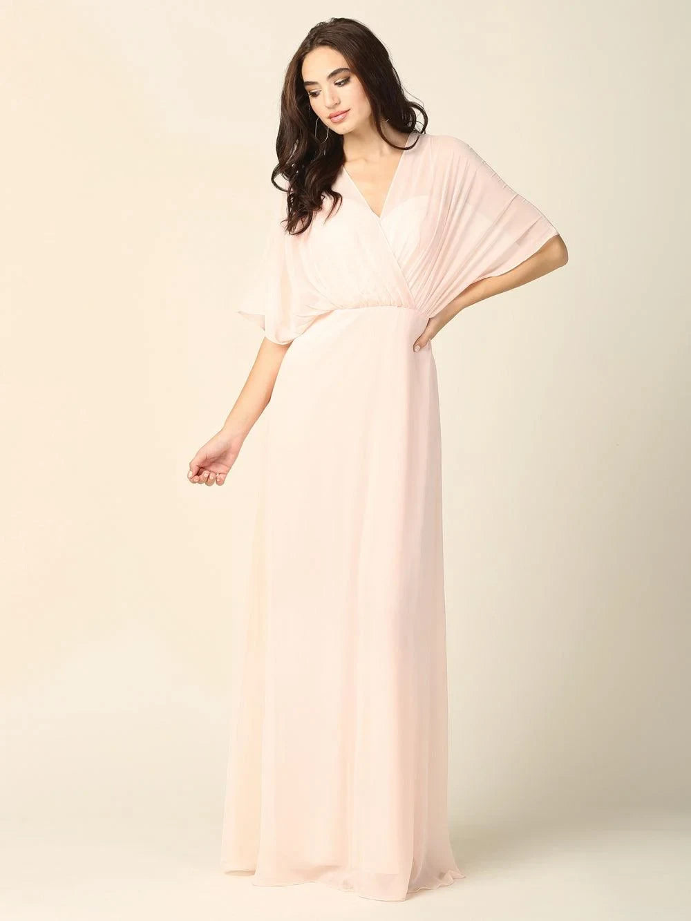 Elegant A-Line V-Neck Draped Blush Pink Floor-Length Mother of the Bride Gown