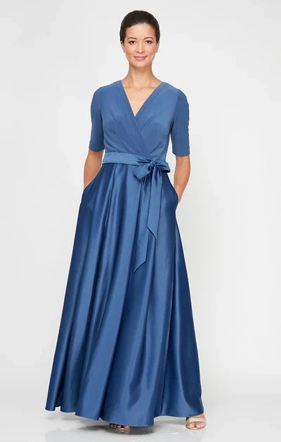 Elegant A-Line V-Neck Elbow Sleeve Dusty Blue Floor-Length Mother of the Bride Gown