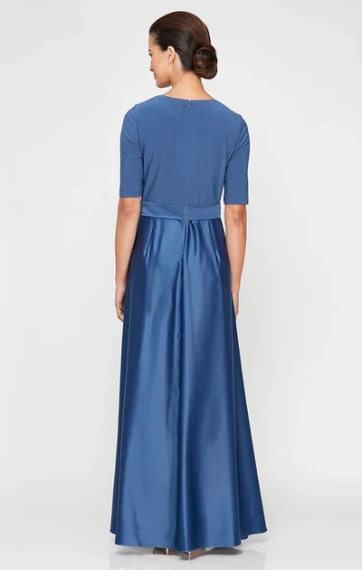 Elegant A-Line V-Neck Elbow Sleeve Dusty Blue Floor-Length Mother of the Bride Gown