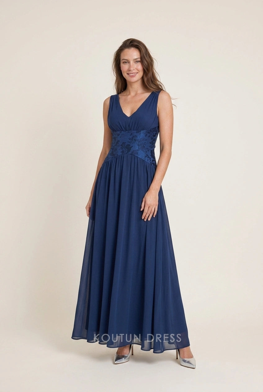 Elegant A-Line V-Neck Flowy Sleeveless Navy Blue Floor-Length Prom Dress