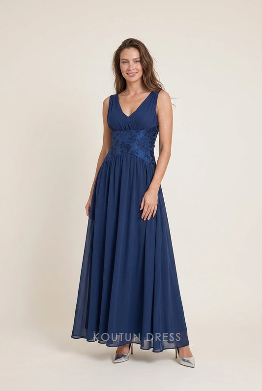 Elegant A-Line V-Neck Flowy Sleeveless Navy Blue Floor-Length Prom Dress